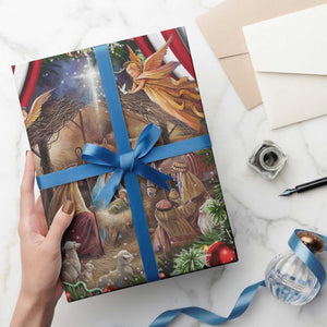 Patriotic Nativity Scene Wrapping Paper Roll American Flag Christian Christmas Baby Jesus and Angels Under the Star TS02 Print Your Wear