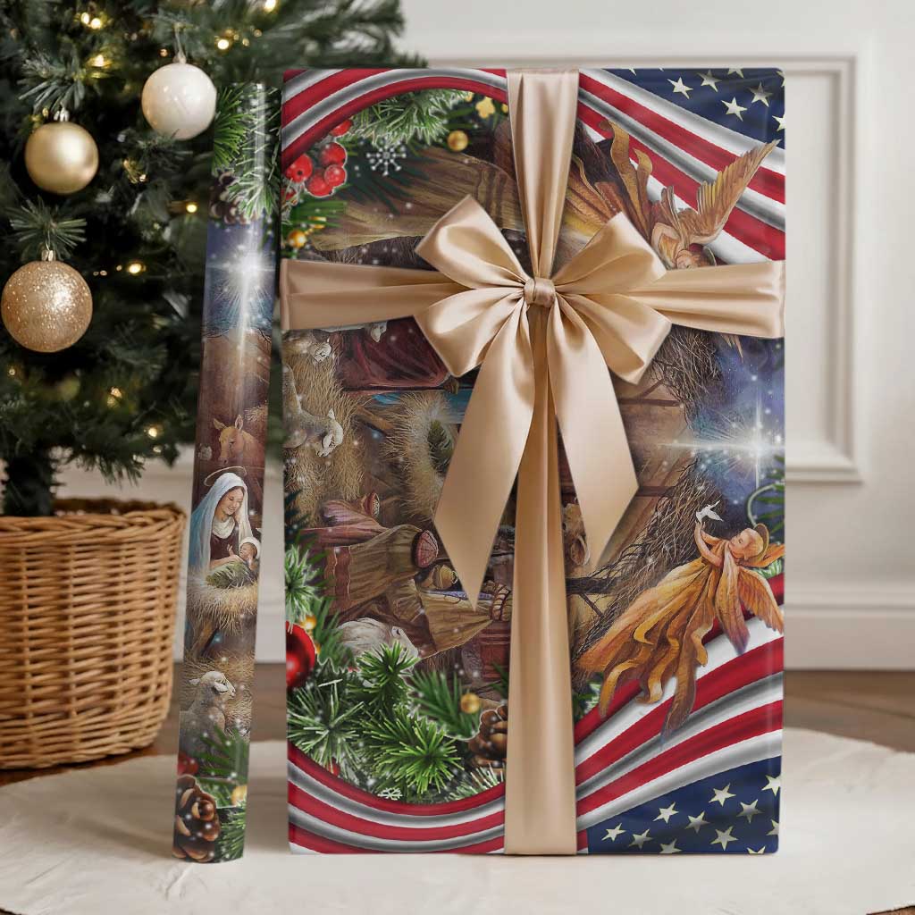 Patriotic Nativity Scene Wrapping Paper Roll American Flag Christian Christmas Baby Jesus and Angels Under the Star TS02 Glossy Christmas Print Your Wear