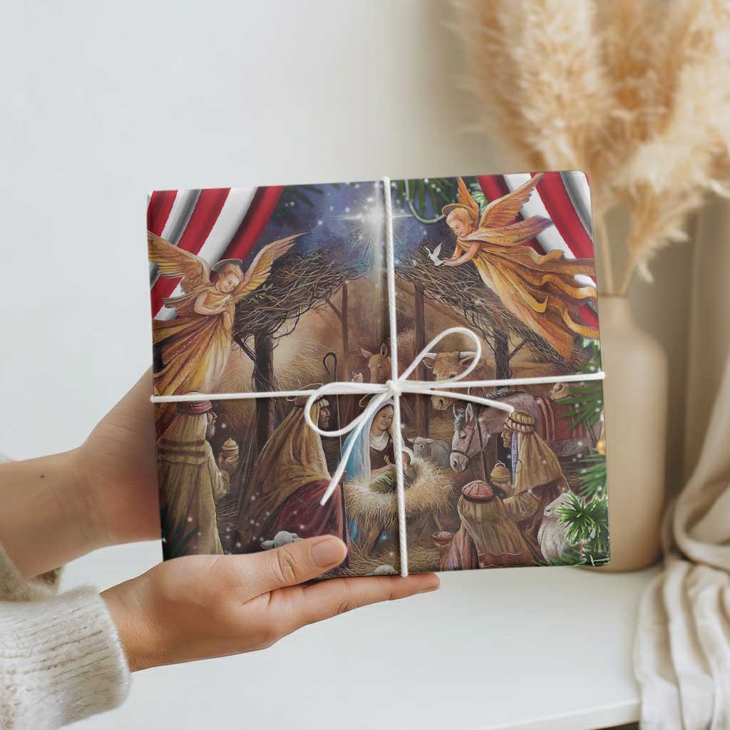 Patriotic Nativity Scene Wrapping Paper Roll American Flag Christian Christmas Baby Jesus and Angels Under the Star TS02 Print Your Wear