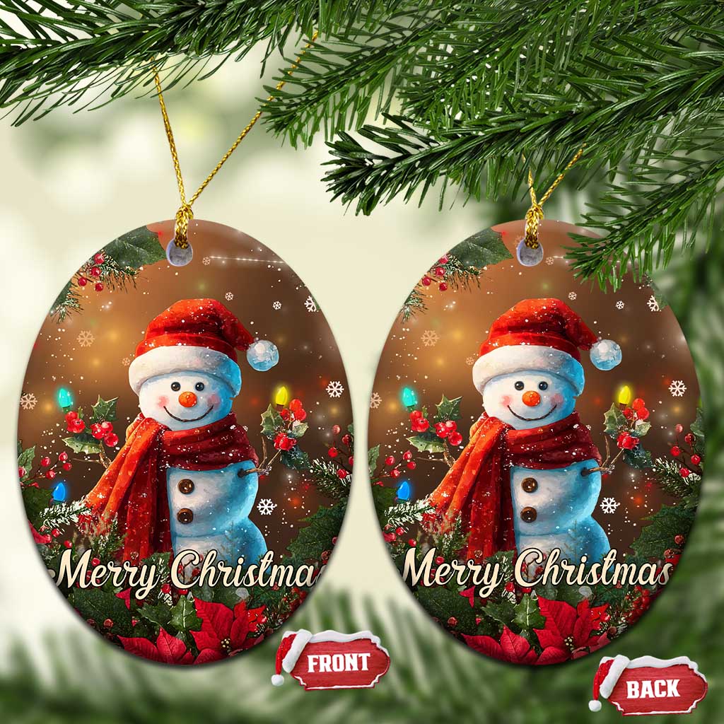 Merry Christmas Snowman Christmas Ceramic Ornament Whimsical Holiday Poinsettias Santa Hat TS02 Oval Christmas Print Your Wear