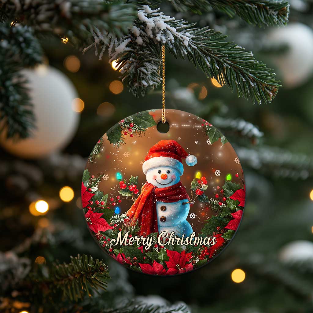 Merry Christmas Snowman Christmas Ceramic Ornament Whimsical Holiday Poinsettias Santa Hat TS02 Print Your Wear