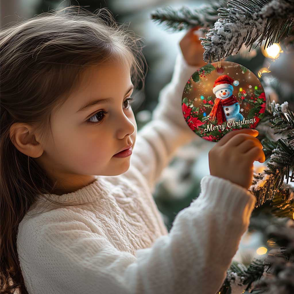 Merry Christmas Snowman Christmas Ceramic Ornament Whimsical Holiday Poinsettias Santa Hat TS02 Print Your Wear
