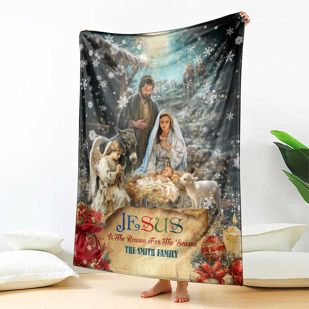 Jesus is the Reason for the Season Throw Blanket Personalized Christian Christmas Nativity Scene Custom Family Name TS02 Print Your Wear