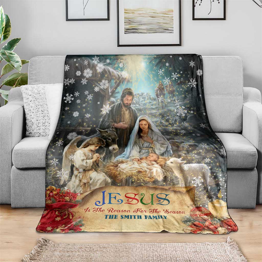 Jesus is the Reason for the Season Throw Blanket Personalized Christian Christmas Nativity Scene Custom Family Name TS02 Print Your Wear