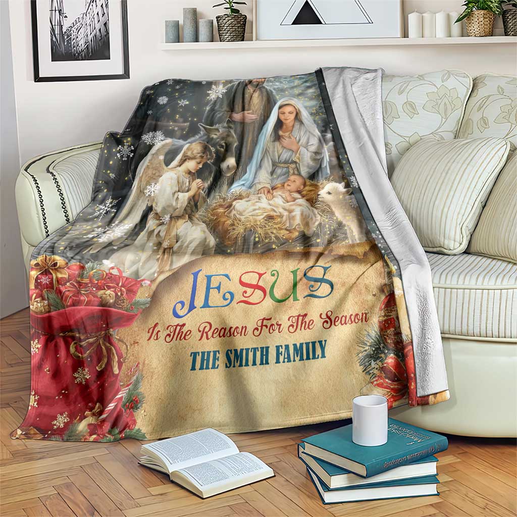 Jesus is the Reason for the Season Throw Blanket Personalized Christian Christmas Nativity Scene Custom Family Name TS02 Print Your Wear