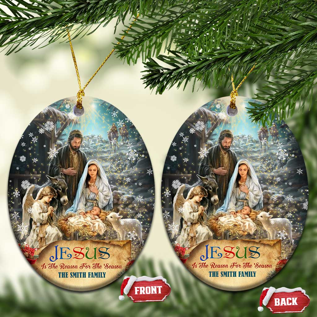 Jesus is the Reason for the Season Christmas Ceramic Ornament Personalized Christian Christmas Nativity Scene Custom Family Name TS02 Oval Christmas Print Your Wear