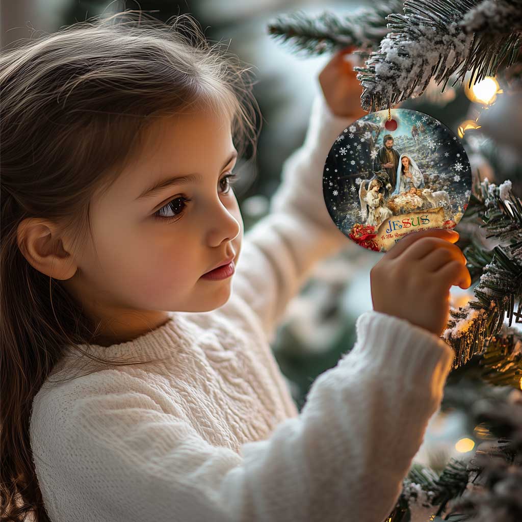 Jesus is the Reason for the Season Christmas Ceramic Ornament Personalized Christian Christmas Nativity Scene Custom Family Name TS02 Print Your Wear