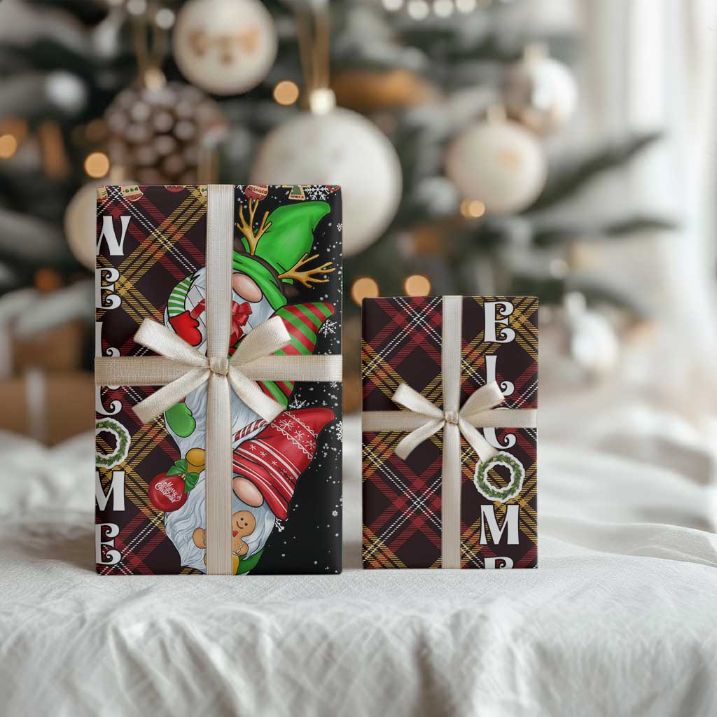 Christmas Gnome Welcome Wrapping Paper Roll Cute Holiday Gnomes with Plaid and Candy Cane Winter TS02 Print Your Wear