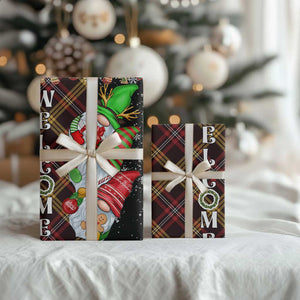 Christmas Gnome Welcome Wrapping Paper Roll Cute Holiday Gnomes with Plaid and Candy Cane Winter TS02 Print Your Wear