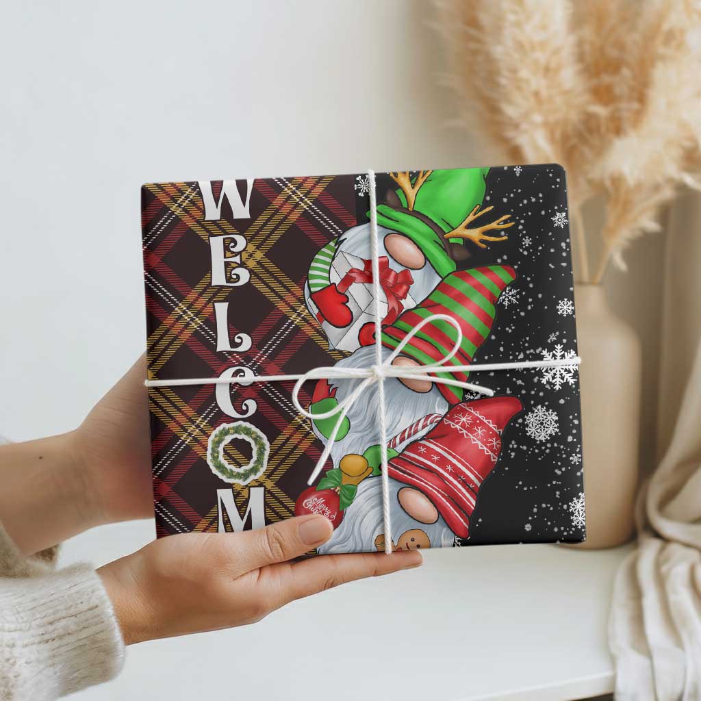 Christmas Gnome Welcome Wrapping Paper Roll Cute Holiday Gnomes with Plaid and Candy Cane Winter TS02 Print Your Wear
