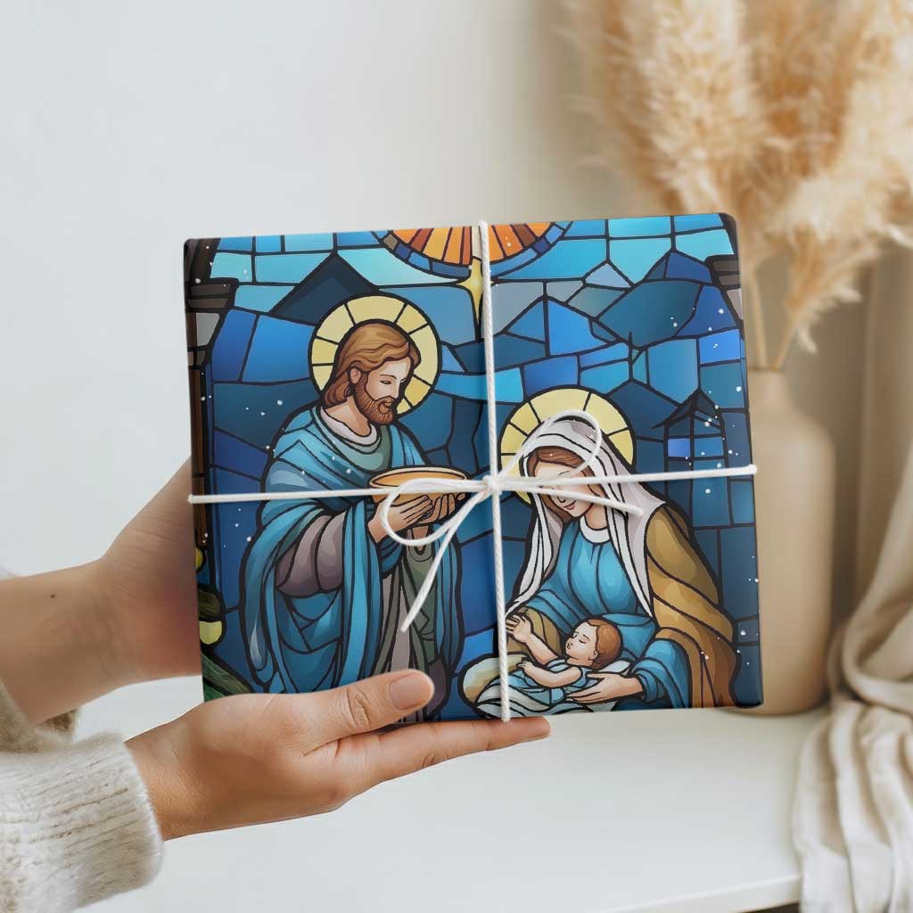 Joy to the World Stained Glass Nativity Scene Wrapping Paper Roll Christian Christmas Holy Family Star of Bethlehem TS02 Print Your Wear
