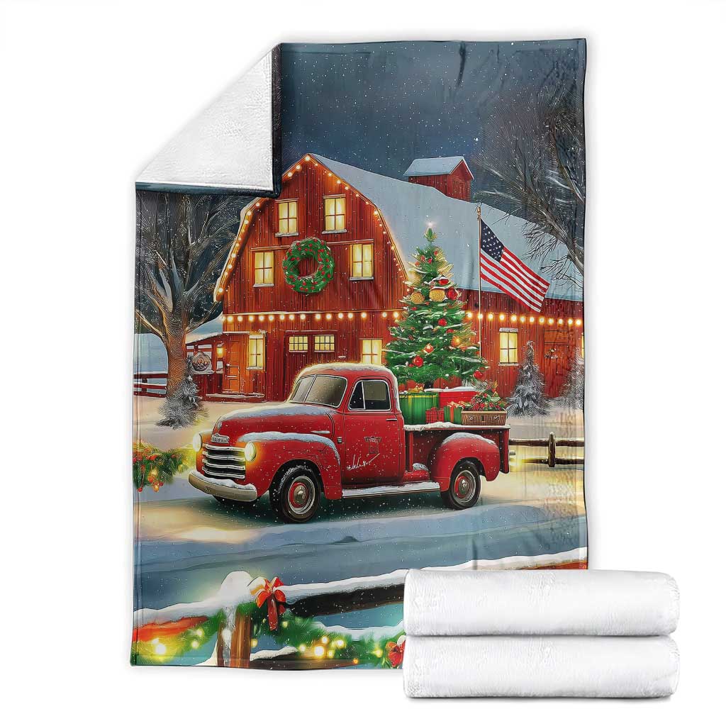 Vintage Red Truck Christmas Throw Blanket Patriotic Holiday Country Barn with Wreath American Flag TS02 Christmas Print Your Wear