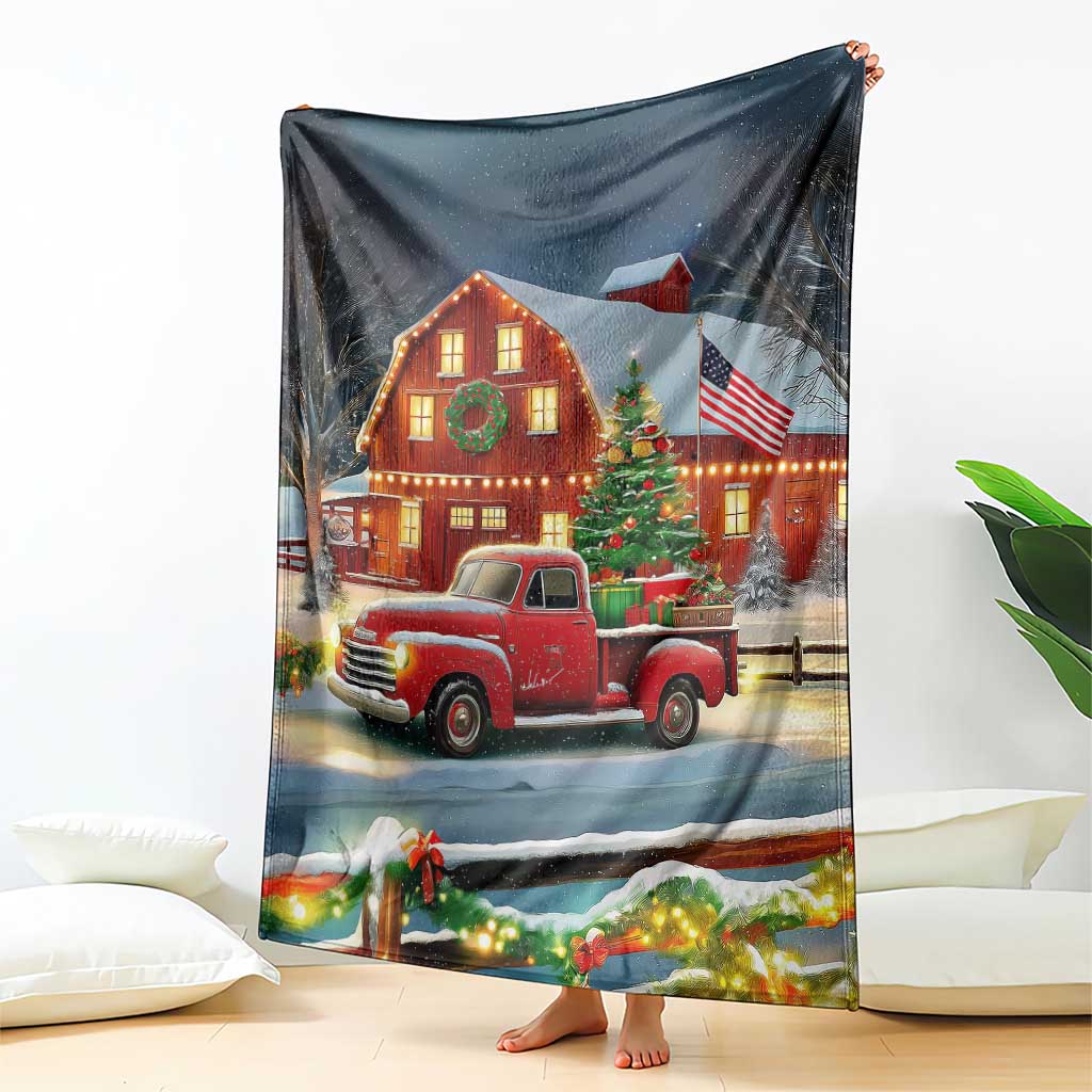 Vintage Red Truck Christmas Throw Blanket Patriotic Holiday Country Barn with Wreath American Flag TS02 Print Your Wear