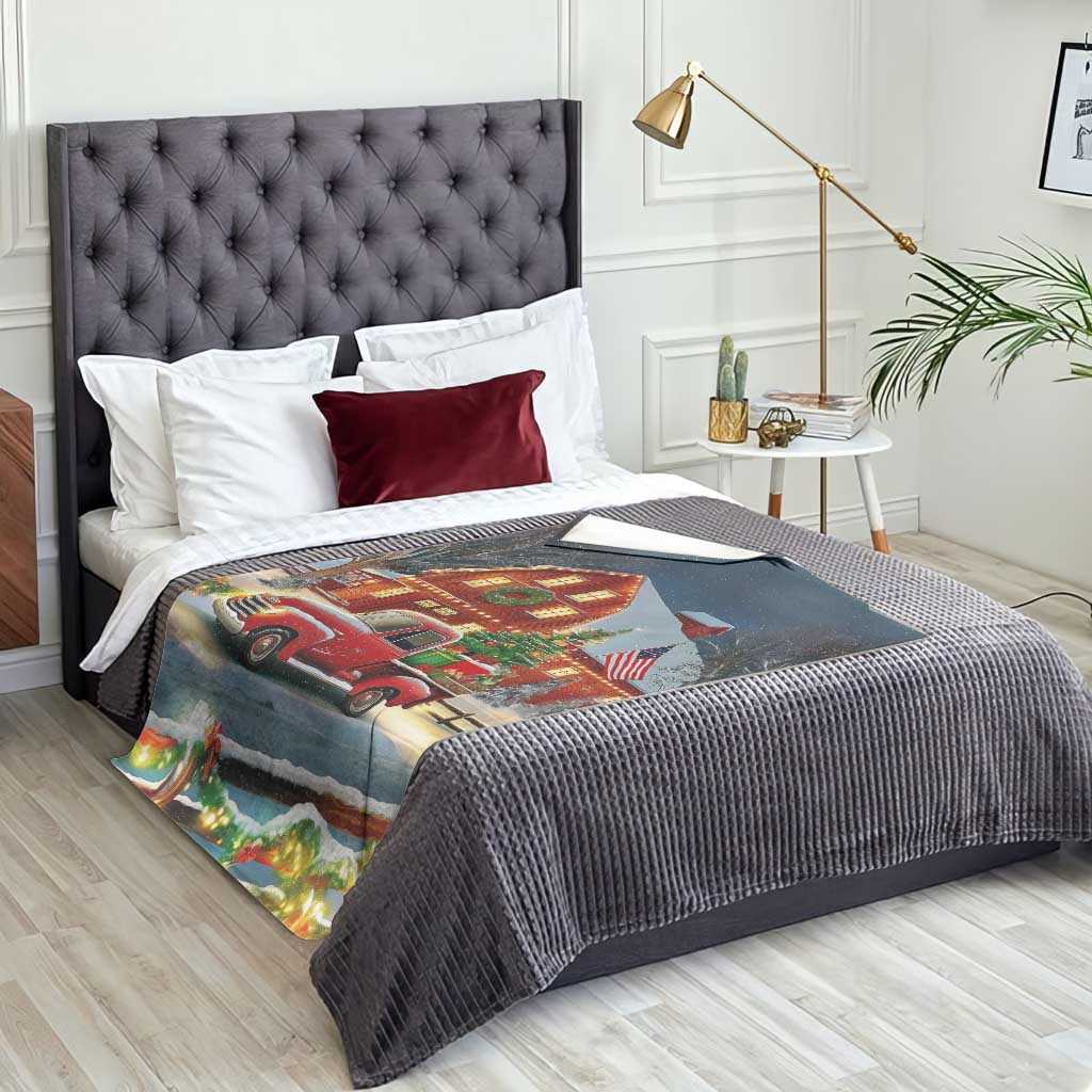 Vintage Red Truck Christmas Throw Blanket Patriotic Holiday Country Barn with Wreath American Flag TS02 Print Your Wear