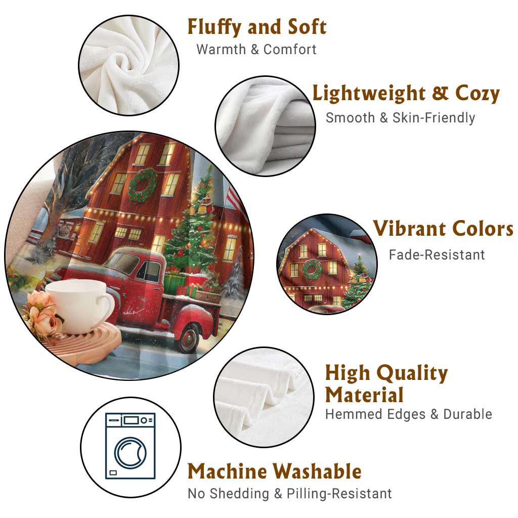 Vintage Red Truck Christmas Throw Blanket Patriotic Holiday Country Barn with Wreath American Flag TS02 Print Your Wear