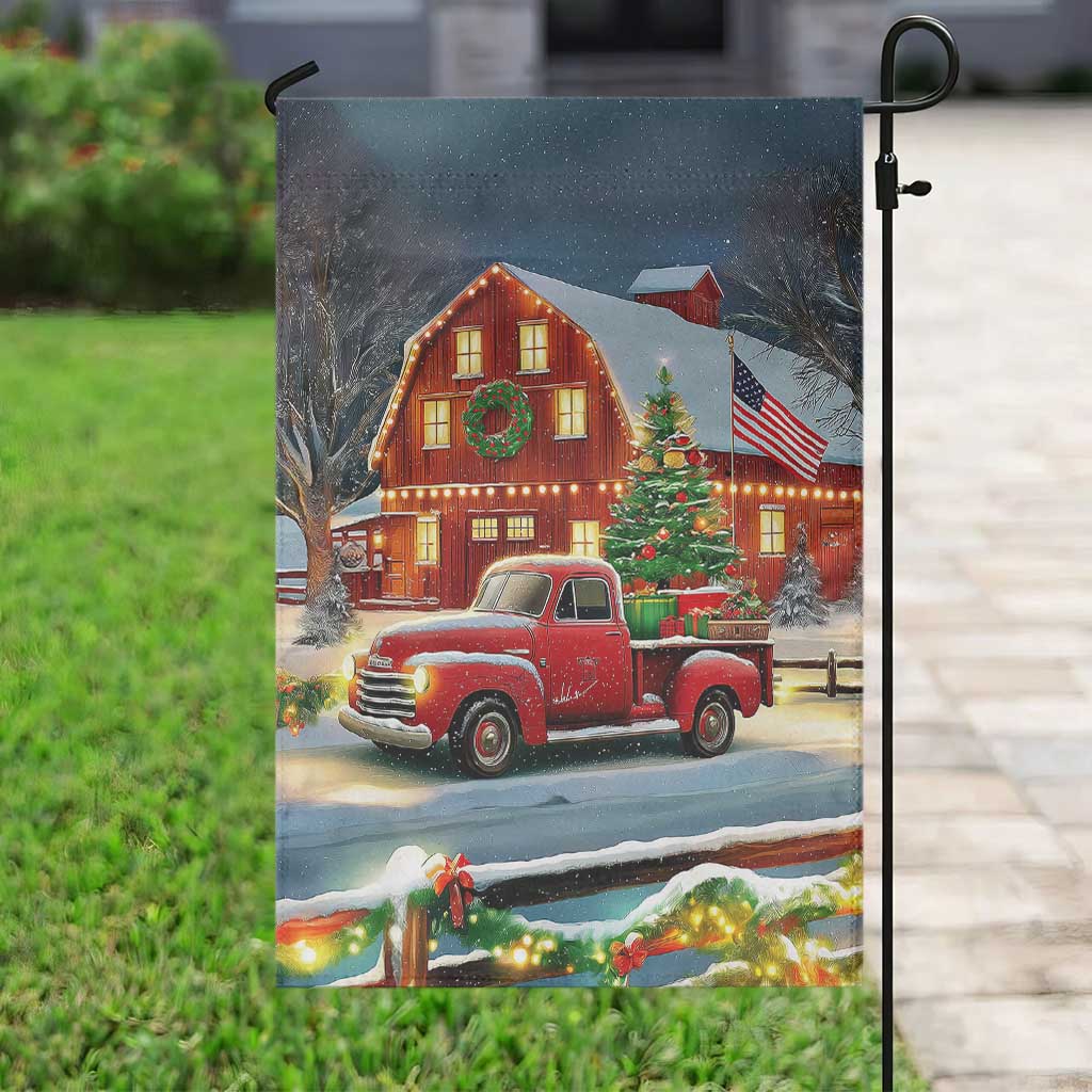 Vintage Red Truck Christmas Garden Flag Patriotic Holiday Country Barn with Wreath American Flag TS02 Print Your Wear