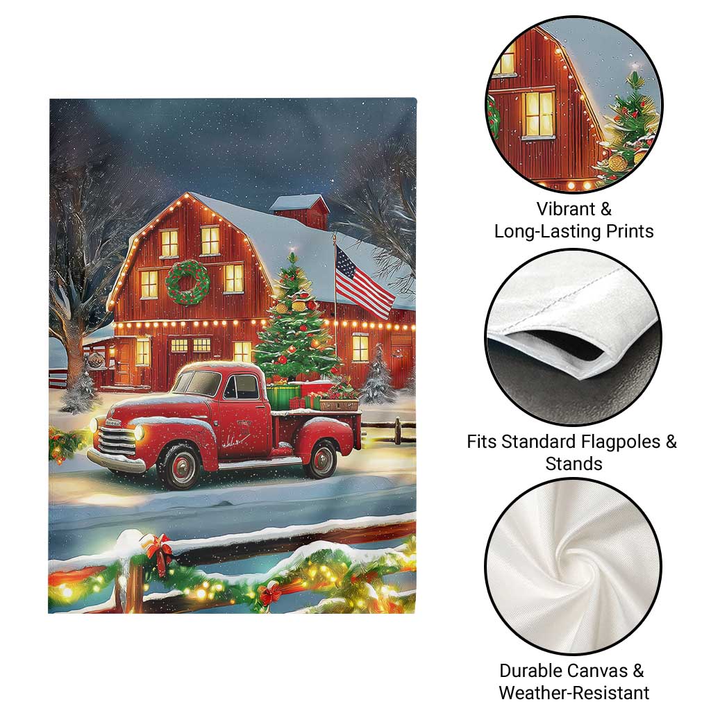 Vintage Red Truck Christmas Garden Flag Patriotic Holiday Country Barn with Wreath American Flag TS02 Print Your Wear