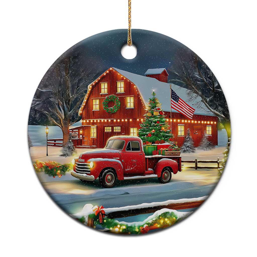 Vintage Red Truck Christmas Christmas Ceramic Ornament Patriotic Holiday Country Barn with Wreath American Flag TS02 Print Your Wear