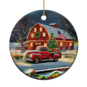Vintage Red Truck Christmas Christmas Ceramic Ornament Patriotic Holiday Country Barn with Wreath American Flag TS02 Print Your Wear