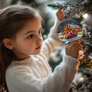 Vintage Red Truck Christmas Christmas Ceramic Ornament Patriotic Holiday Country Barn with Wreath American Flag TS02 Print Your Wear