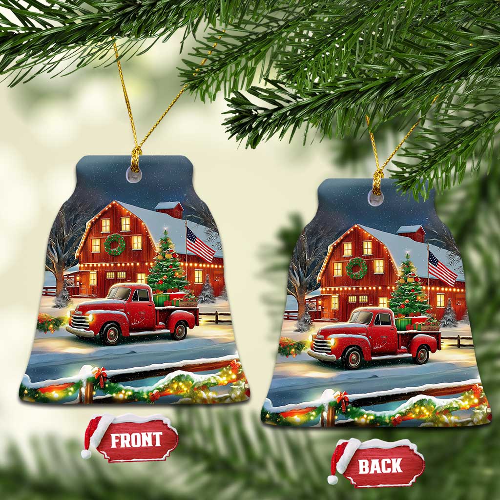 Vintage Red Truck Christmas Christmas Ceramic Ornament Patriotic Holiday Country Barn with Wreath American Flag TS02 Bell Flake Christmas Print Your Wear