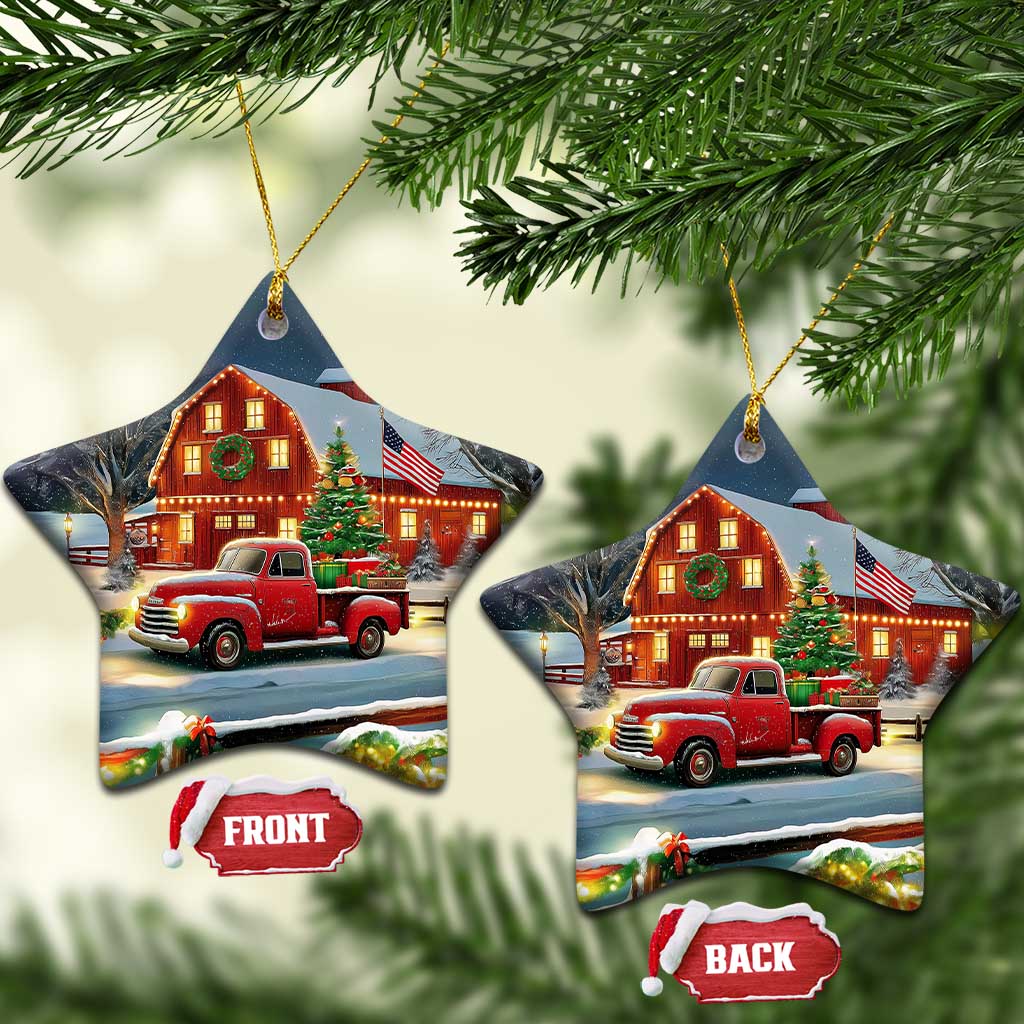 Vintage Red Truck Christmas Christmas Ceramic Ornament Patriotic Holiday Country Barn with Wreath American Flag TS02 Star Christmas Print Your Wear