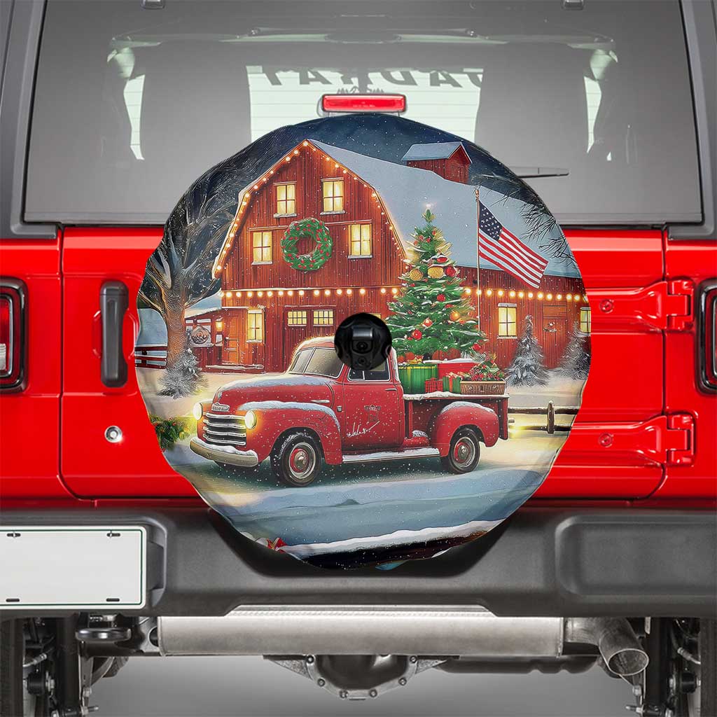Vintage Red Truck Christmas Spare Tire Cover Patriotic Holiday Country Barn with Wreath American Flag TS02 Christmas Print Your Wear
