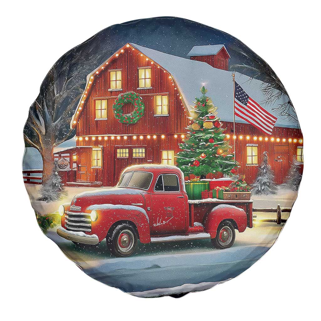 Vintage Red Truck Christmas Spare Tire Cover Patriotic Holiday Country Barn with Wreath American Flag TS02 Print Your Wear