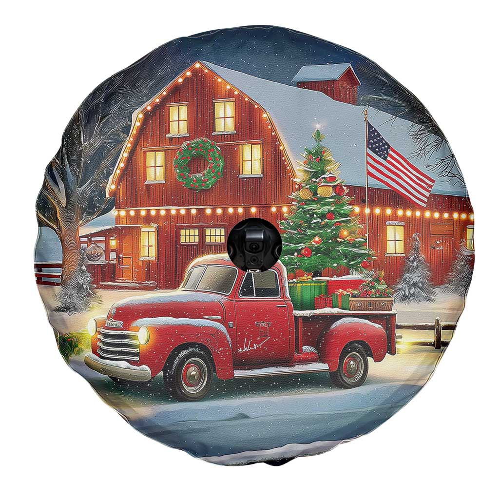 Vintage Red Truck Christmas Spare Tire Cover Patriotic Holiday Country Barn with Wreath American Flag TS02 Print Your Wear