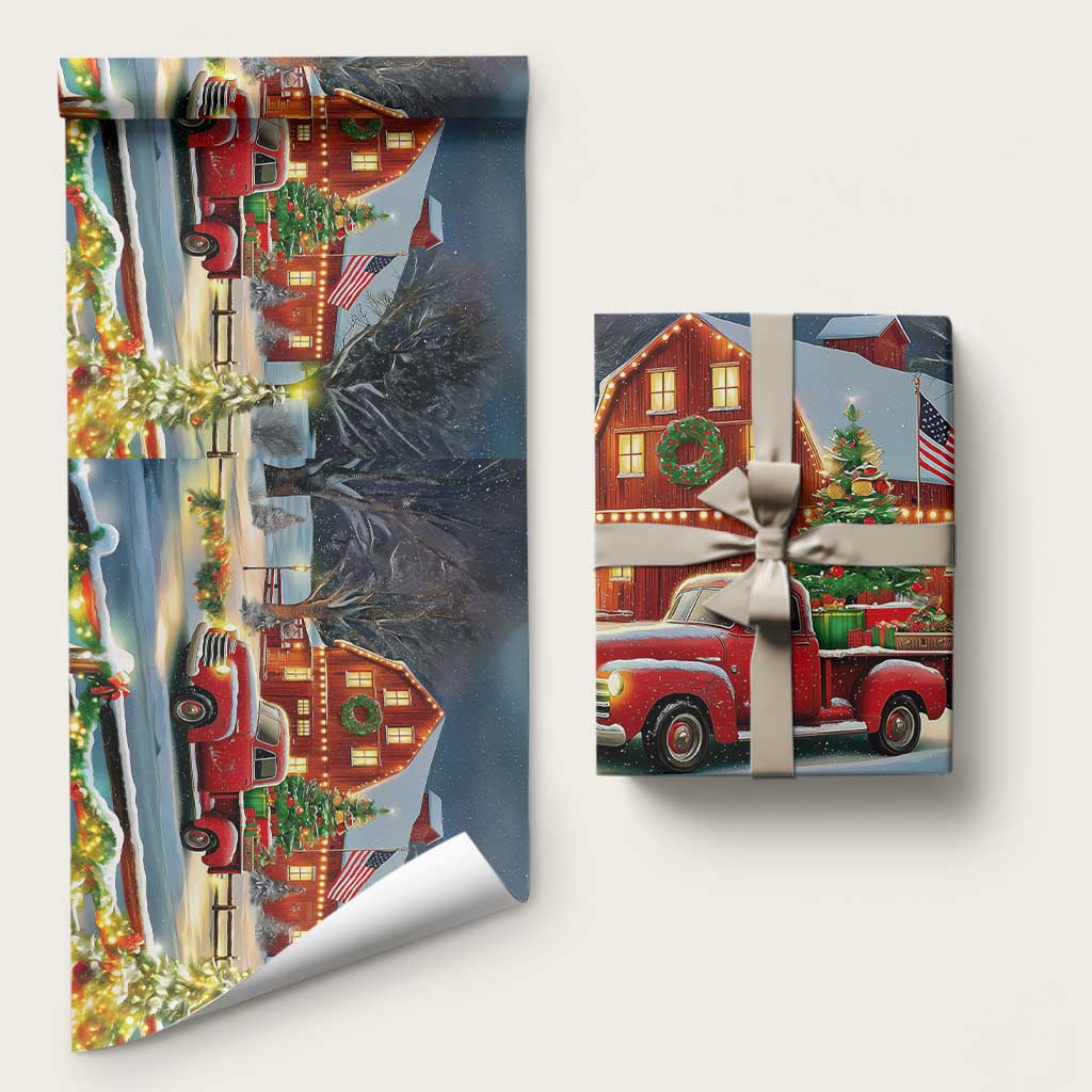 Vintage Red Truck Christmas Wrapping Paper Roll Patriotic Holiday Country Barn with Wreath American Flag TS02 Matte Christmas Print Your Wear
