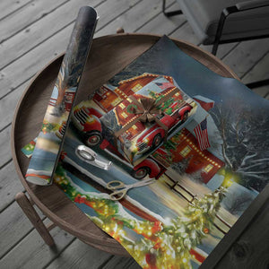 Vintage Red Truck Christmas Wrapping Paper Roll Patriotic Holiday Country Barn with Wreath American Flag TS02 Print Your Wear