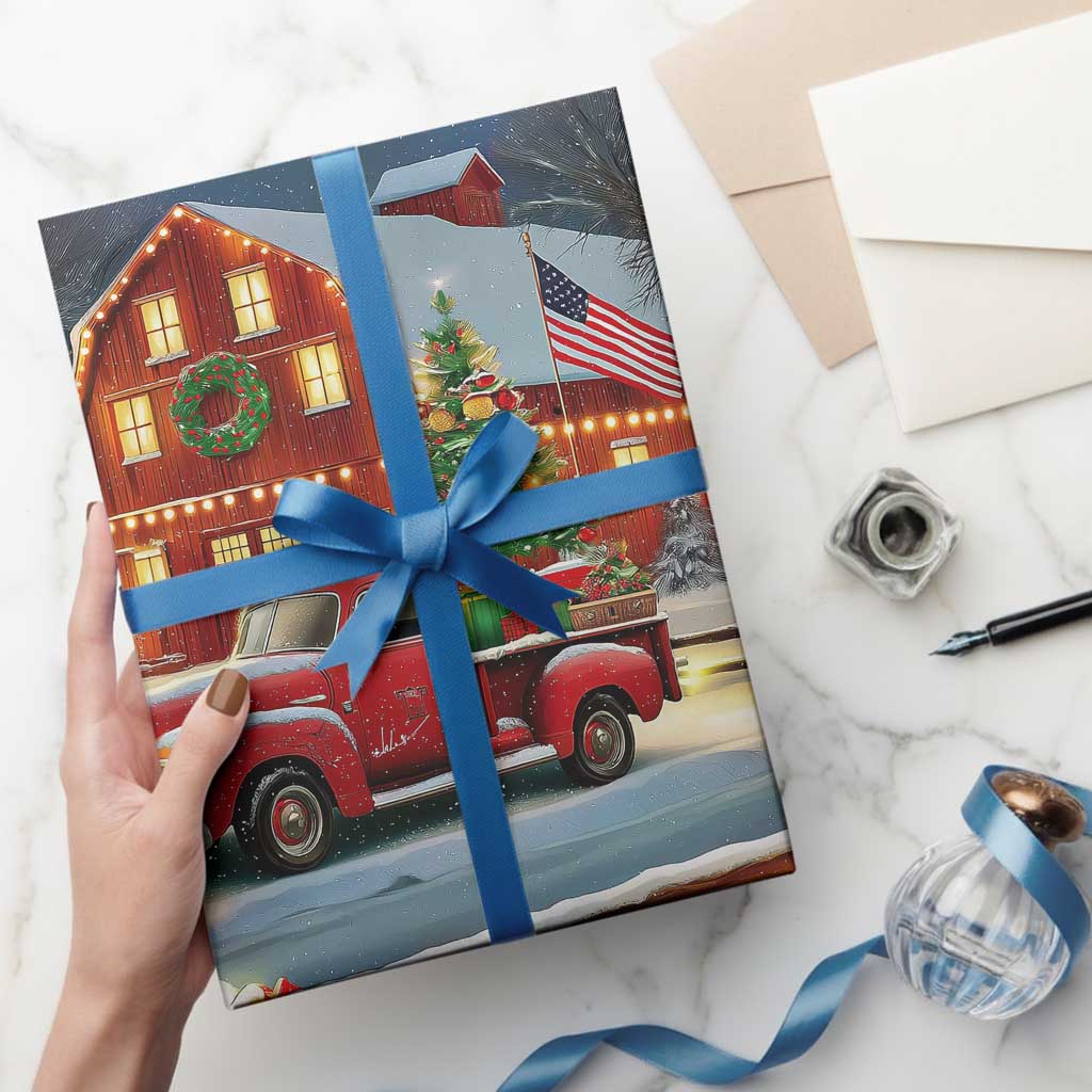 Vintage Red Truck Christmas Wrapping Paper Roll Patriotic Holiday Country Barn with Wreath American Flag TS02 Print Your Wear