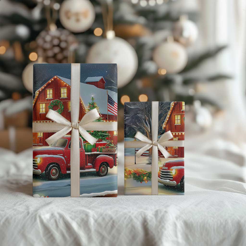 Vintage Red Truck Christmas Wrapping Paper Roll Patriotic Holiday Country Barn with Wreath American Flag TS02 Print Your Wear
