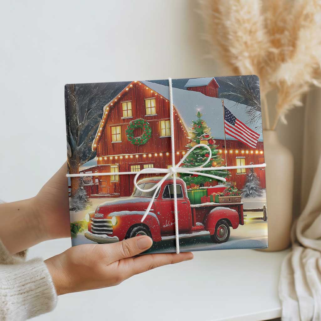 Vintage Red Truck Christmas Wrapping Paper Roll Patriotic Holiday Country Barn with Wreath American Flag TS02 Print Your Wear