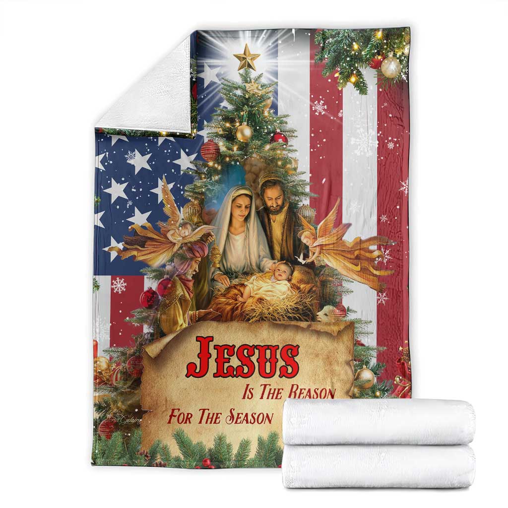 Patriotic Nativity Christmas Scene Throw Blanket Jesus Is the Reason for the Season American Flag and Angels TS02 Christmas Print Your Wear