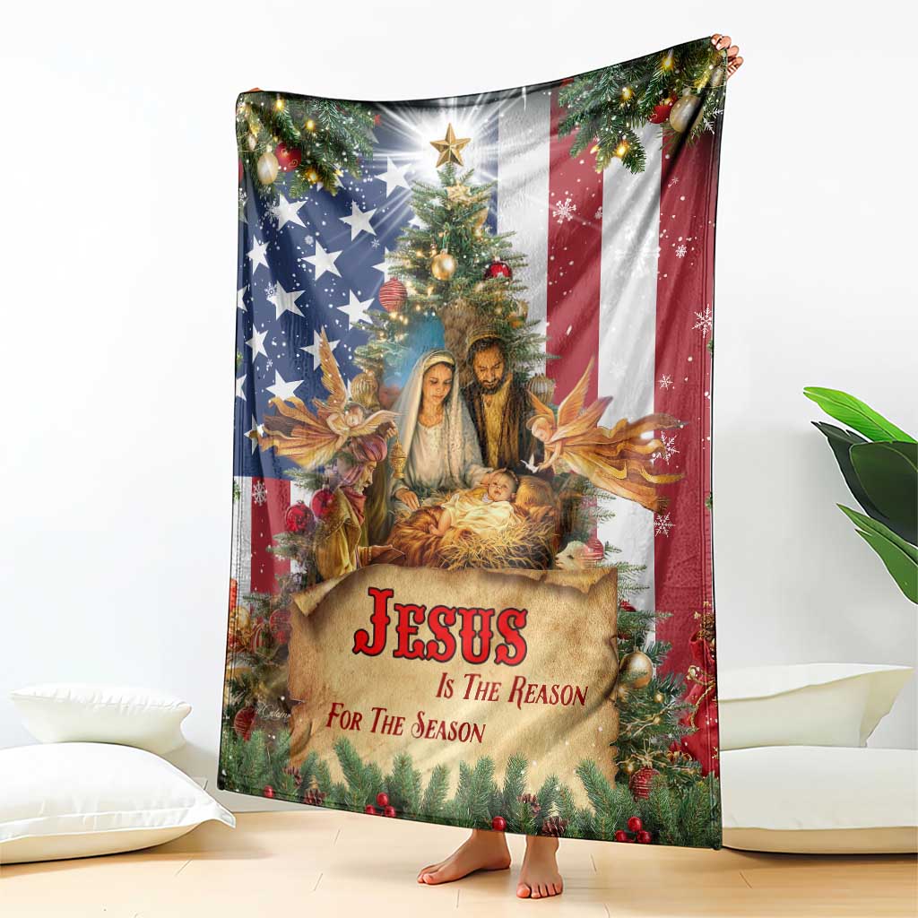 Patriotic Nativity Christmas Scene Throw Blanket Jesus Is the Reason for the Season American Flag and Angels TS02 Print Your Wear