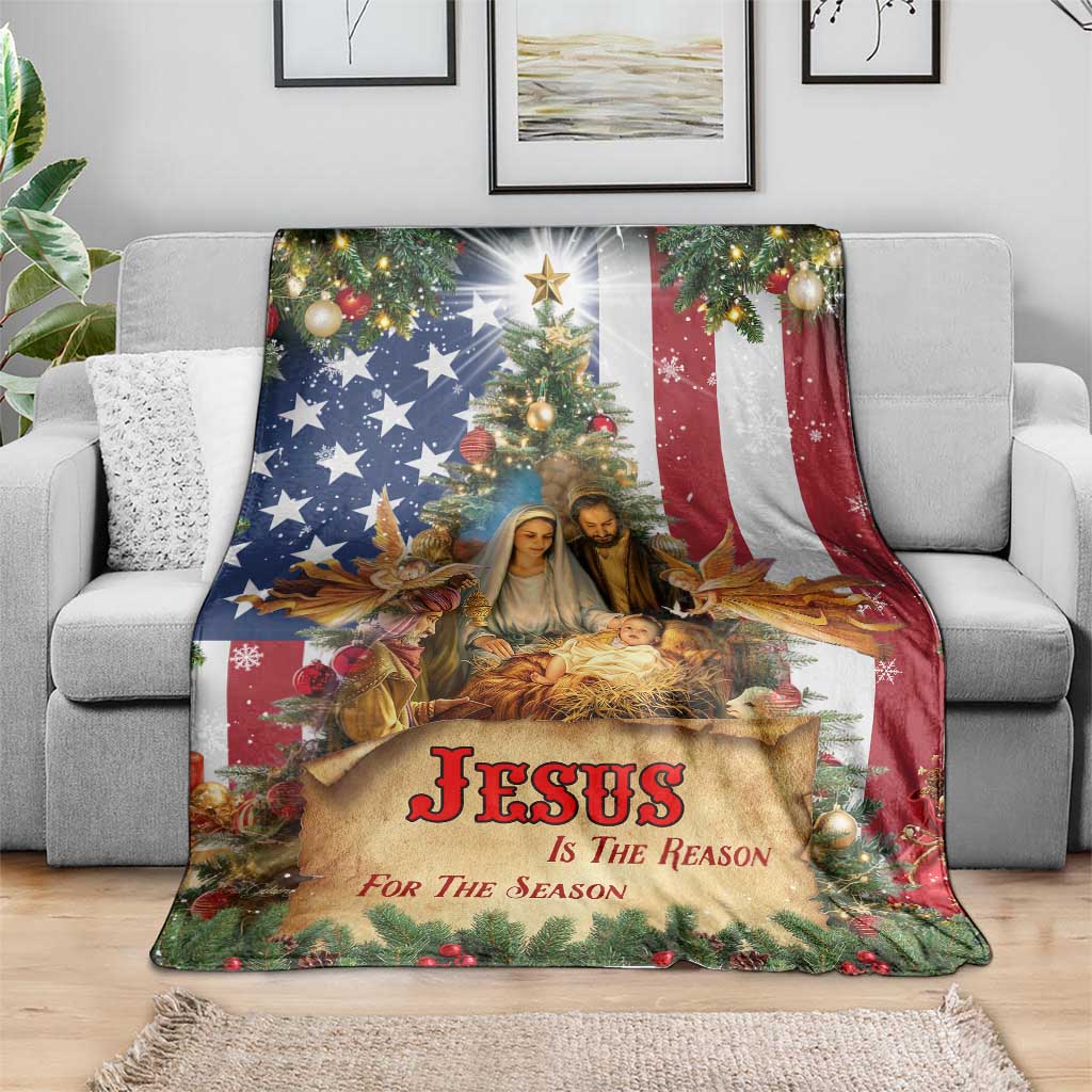 Patriotic Nativity Christmas Scene Throw Blanket Jesus Is the Reason for the Season American Flag and Angels TS02 Print Your Wear