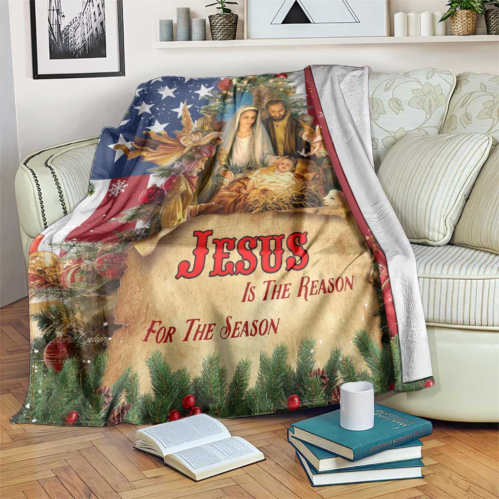 Patriotic Nativity Christmas Scene Throw Blanket Jesus Is the Reason for the Season American Flag and Angels TS02 Print Your Wear