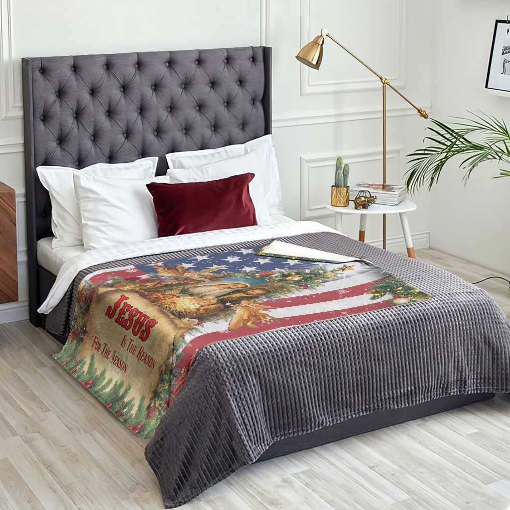 Patriotic Nativity Christmas Scene Throw Blanket Jesus Is the Reason for the Season American Flag and Angels TS02 Print Your Wear