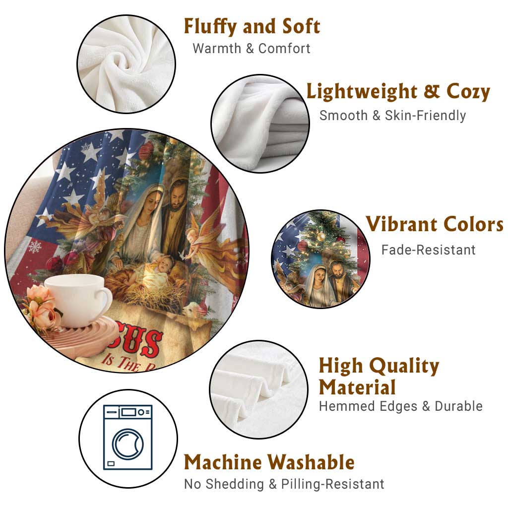 Patriotic Nativity Christmas Scene Throw Blanket Jesus Is the Reason for the Season American Flag and Angels TS02 Print Your Wear