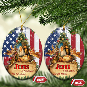Patriotic Nativity Christmas Scene Christmas Ceramic Ornament Jesus Is the Reason for the Season American Flag and Angels TS02 Oval Christmas Print Your Wear