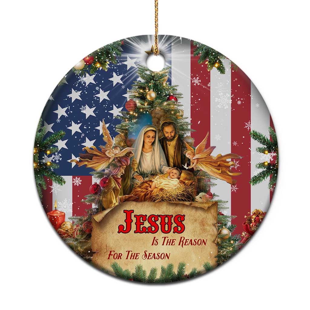 Patriotic Nativity Christmas Scene Christmas Ceramic Ornament Jesus Is the Reason for the Season American Flag and Angels TS02 Print Your Wear