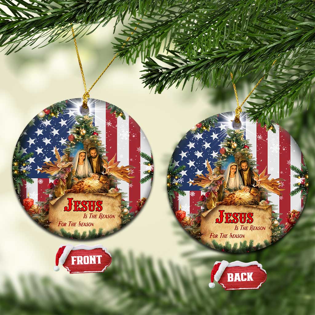 Patriotic Nativity Christmas Scene Christmas Ceramic Ornament Jesus Is the Reason for the Season American Flag and Angels TS02 Circle Christmas Print Your Wear