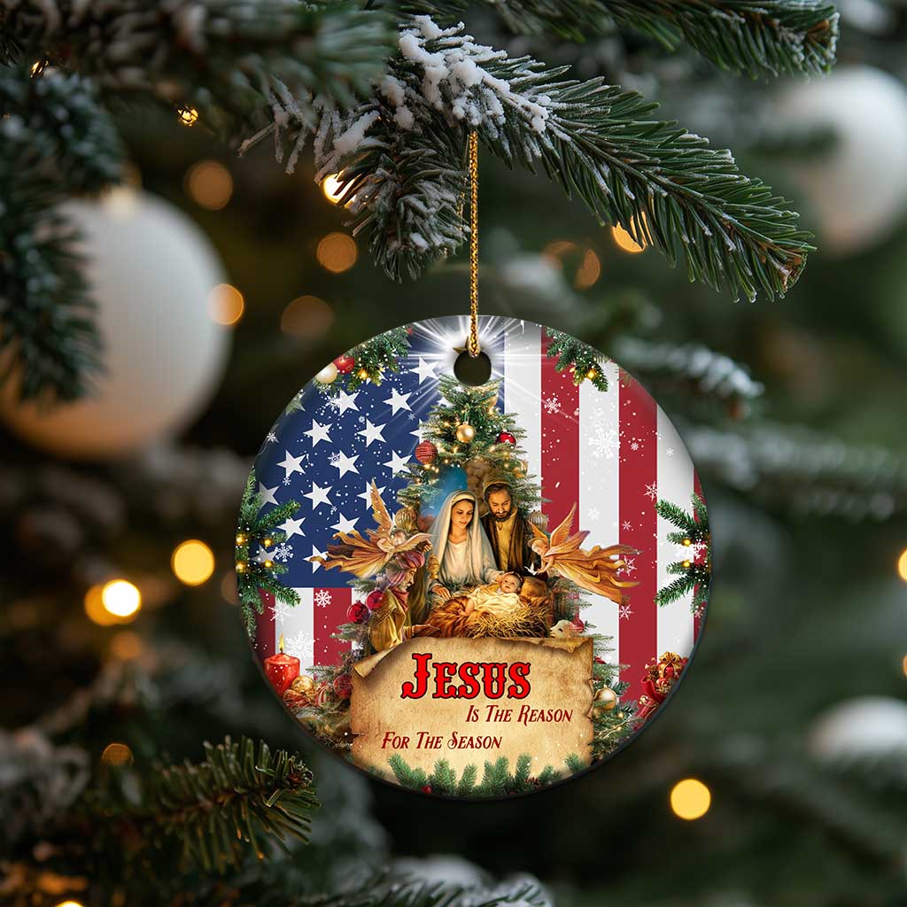 Patriotic Nativity Christmas Scene Christmas Ceramic Ornament Jesus Is the Reason for the Season American Flag and Angels TS02 Print Your Wear