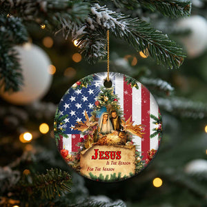 Patriotic Nativity Christmas Scene Christmas Ceramic Ornament Jesus Is the Reason for the Season American Flag and Angels TS02 Print Your Wear