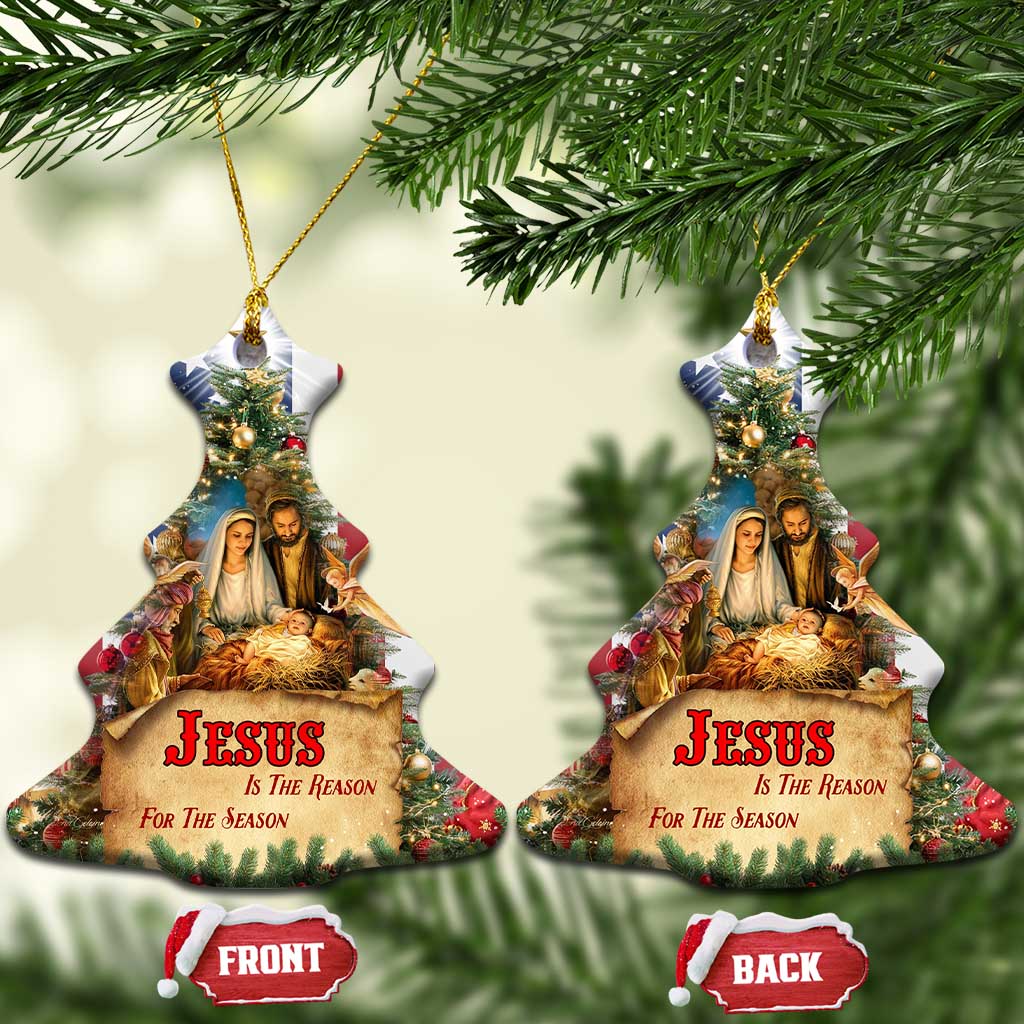 Patriotic Nativity Christmas Scene Christmas Ceramic Ornament Jesus Is the Reason for the Season American Flag and Angels TS02 Christmas Tree Christmas Print Your Wear