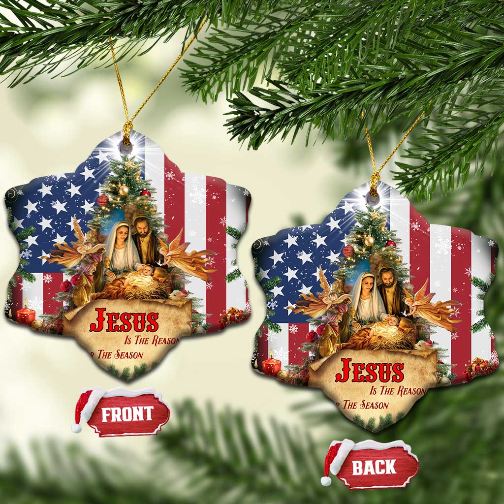Patriotic Nativity Christmas Scene Christmas Ceramic Ornament Jesus Is the Reason for the Season American Flag and Angels TS02 Snow Flake Christmas Print Your Wear