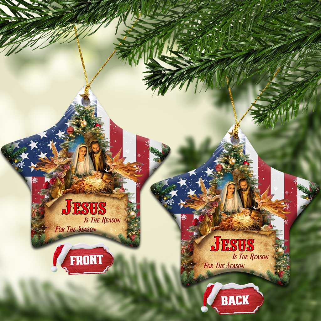 Patriotic Nativity Christmas Scene Christmas Ceramic Ornament Jesus Is the Reason for the Season American Flag and Angels TS02 Star Christmas Print Your Wear