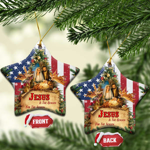 Patriotic Nativity Christmas Scene Christmas Ceramic Ornament Jesus Is the Reason for the Season American Flag and Angels TS02 Star Christmas Print Your Wear