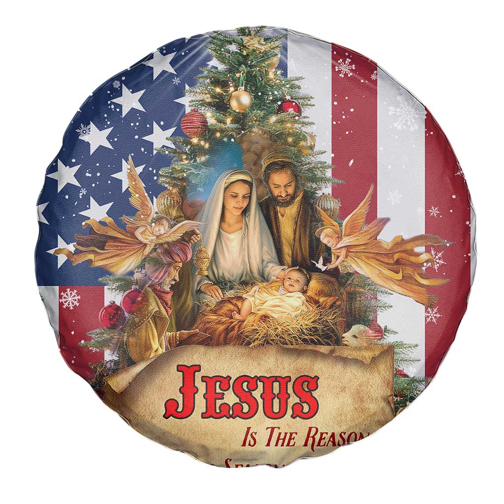 Patriotic Nativity Christmas Scene Spare Tire Cover Jesus Is the Reason for the Season American Flag and Angels TS02 Print Your Wear